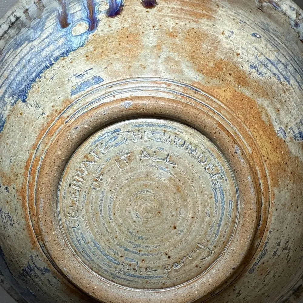 Julie Perry Signed Pottery Large Clay Bowl Tan Blue Glaze Celebrate the Wonder